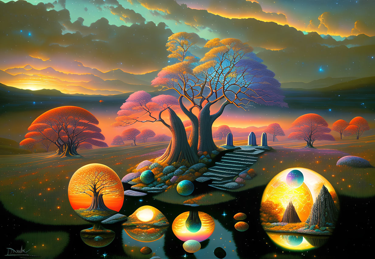 Surreal digital artwork: luminous trees, reflective spheres, staircase, stone circle, starry