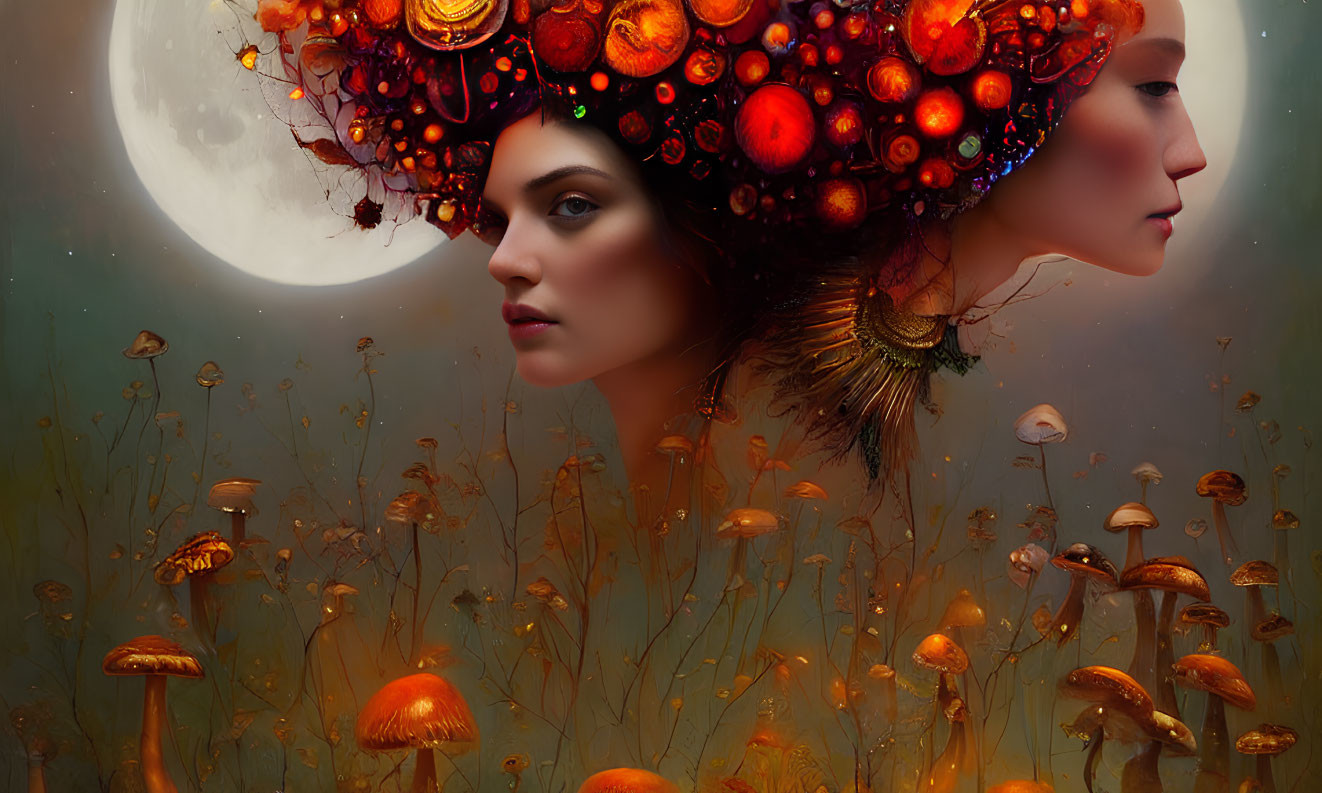 Surreal image: Woman with fruit and flower headdress, glowing mushrooms, moon.