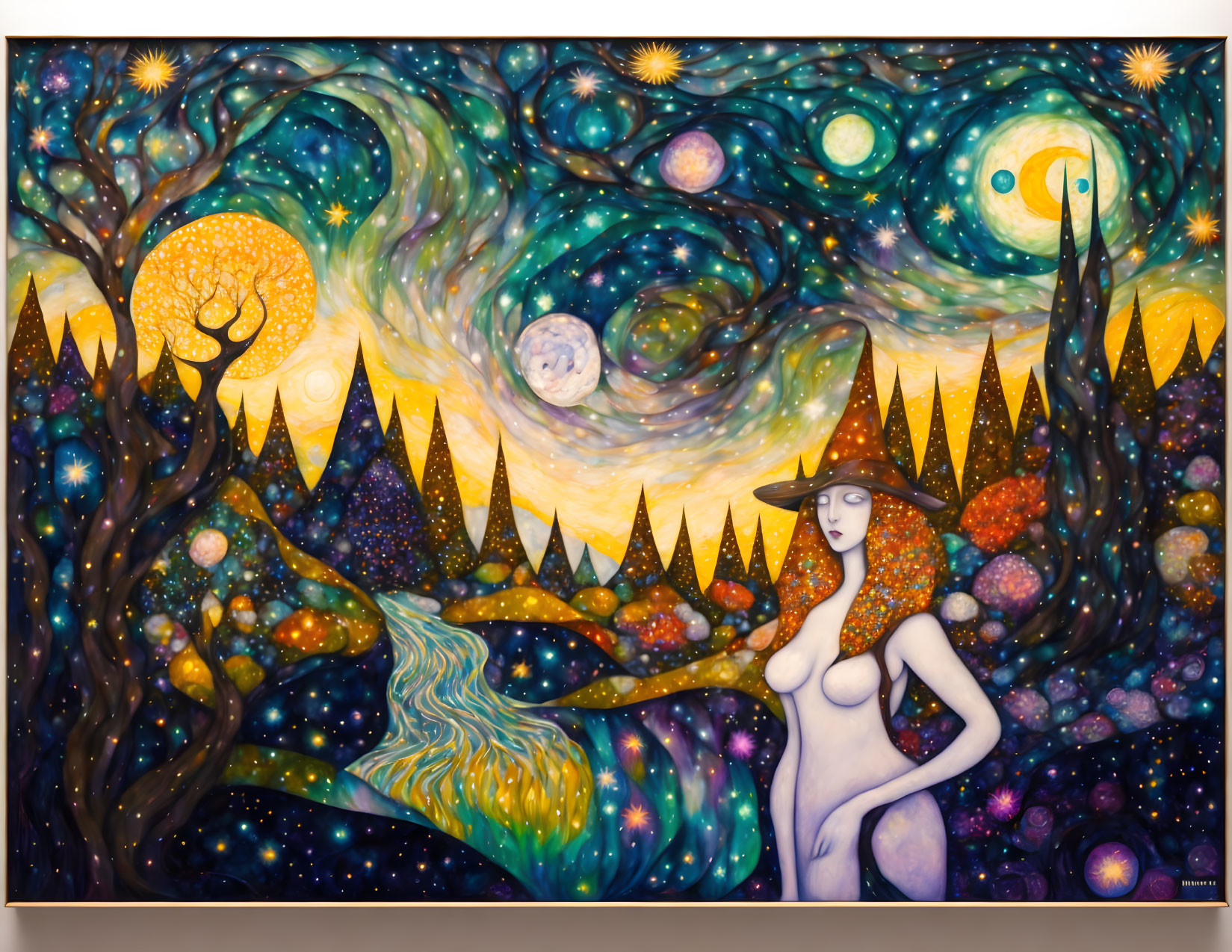 Surreal painting of cosmic landscape with nude female figure