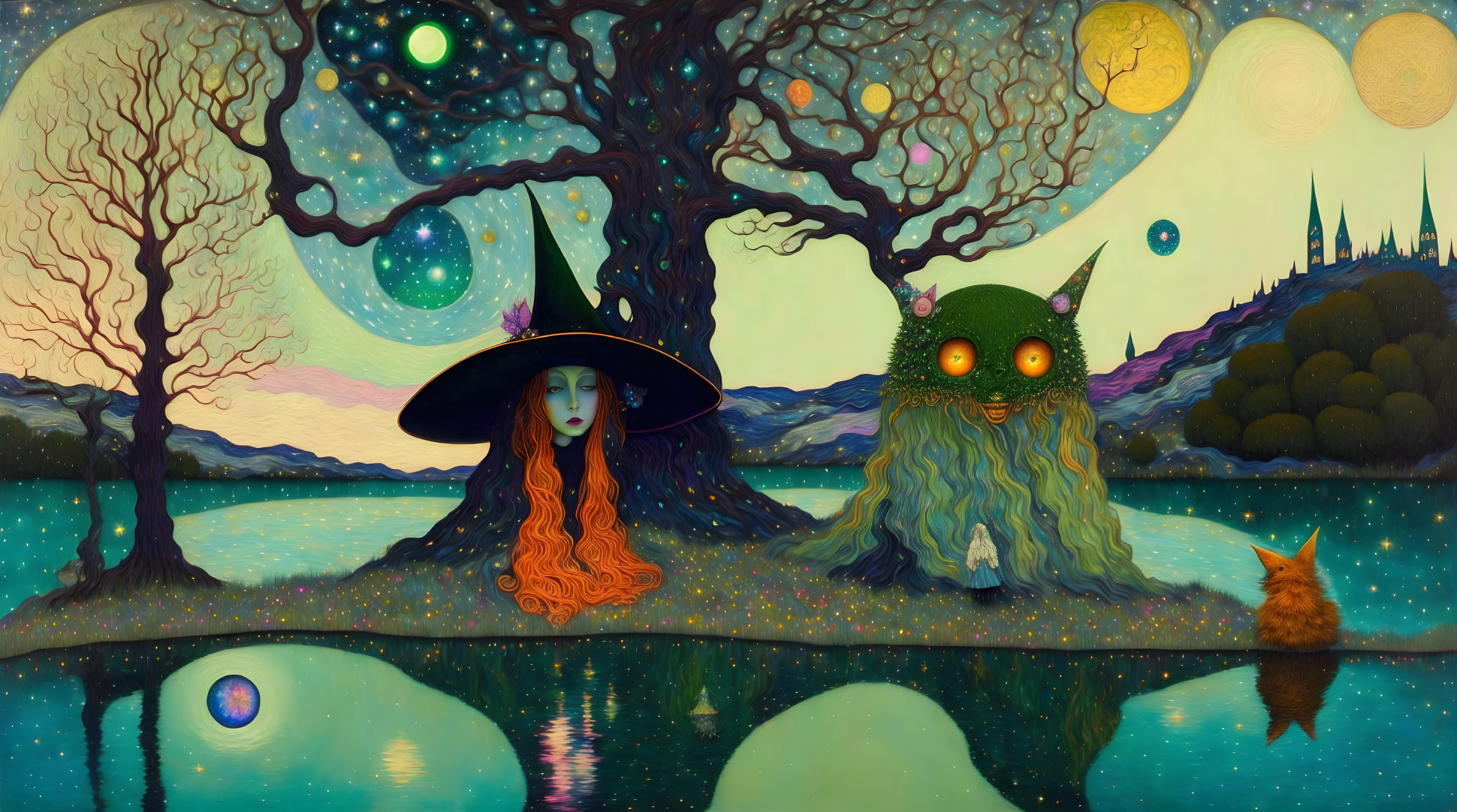 Fantasy artwork: witch, glowing creature, cat by cosmic lake