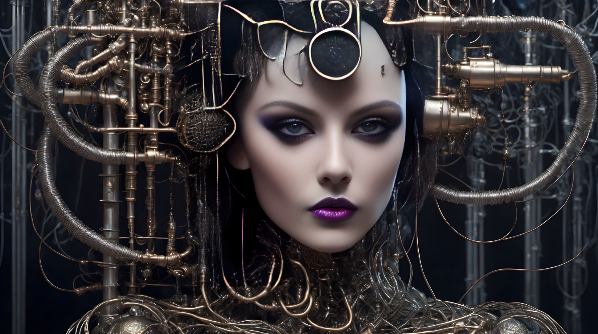 Futuristic female android with brass cybernetics and purple lips on mechanical backdrop