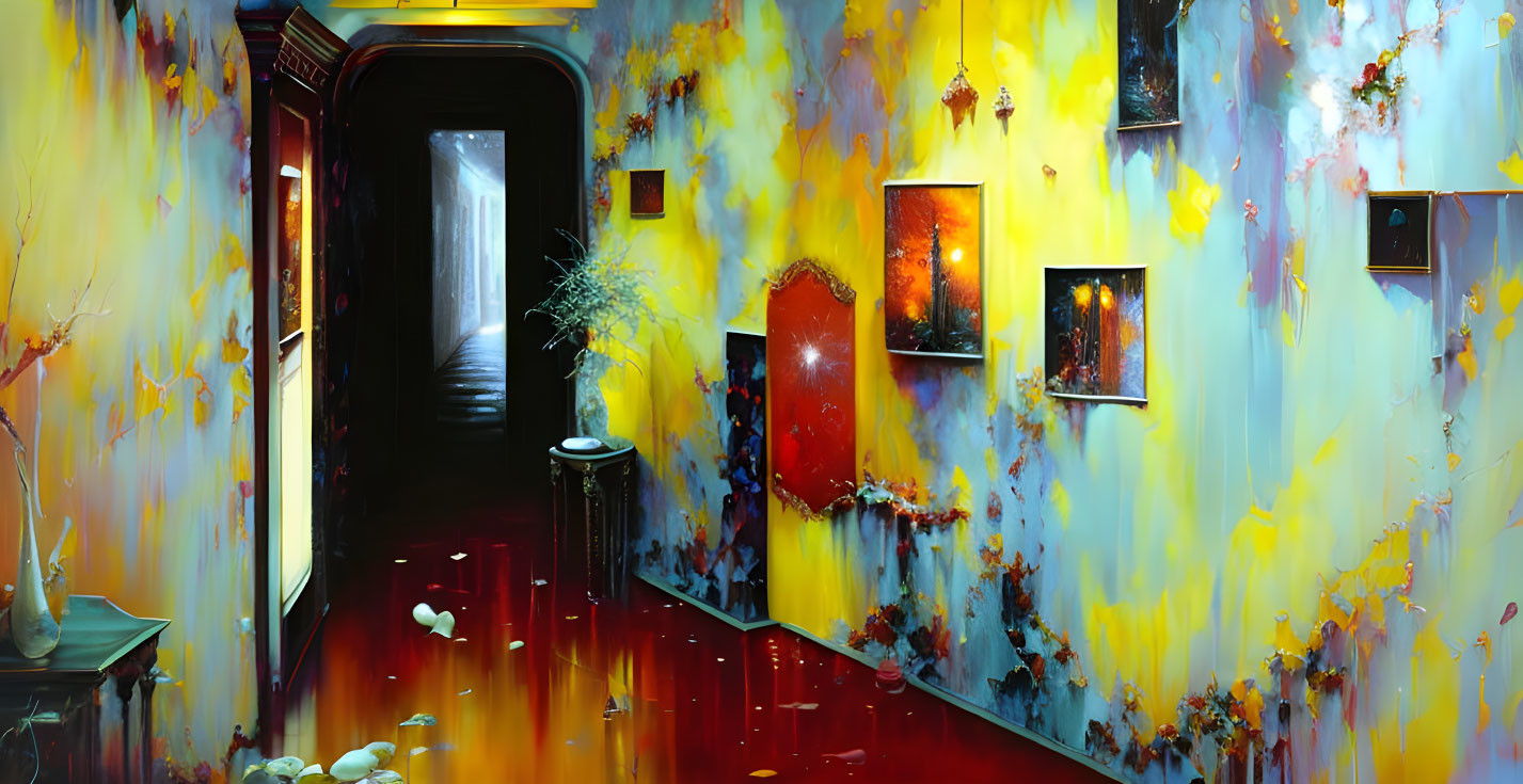 Colorful Abstract Hallway with Shiny Red Floor and Framed Pictures