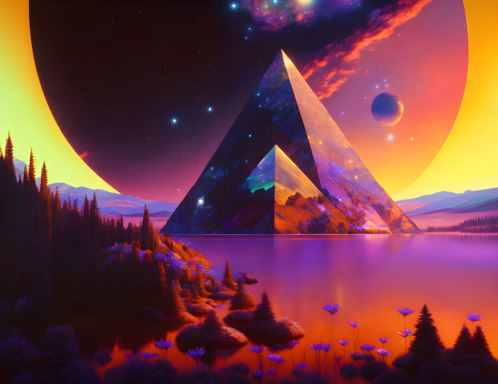 Reflective pyramid in surreal purple landscape with moon and planets.