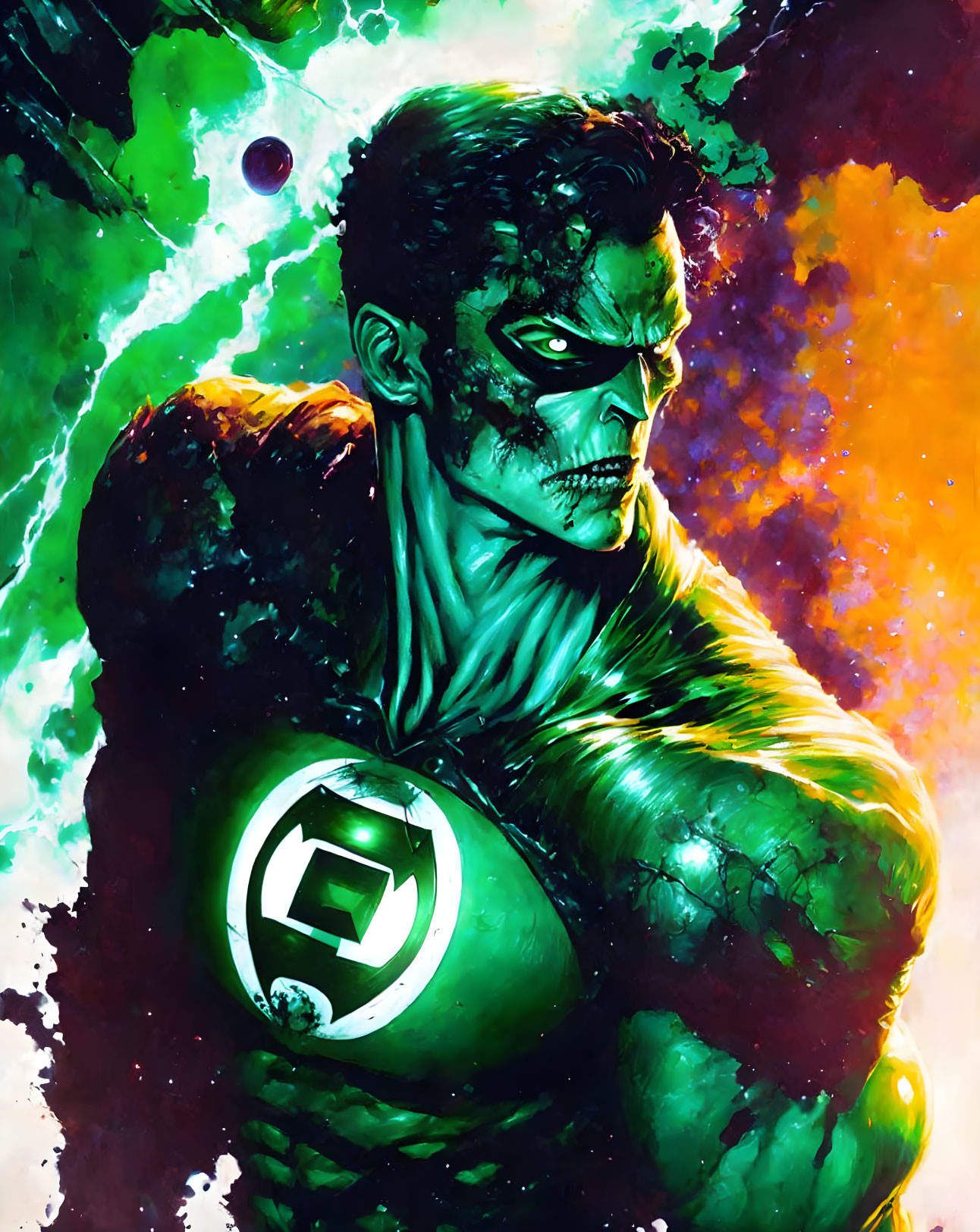 Muscular superhero with green skin and lantern emblem in cosmic scene