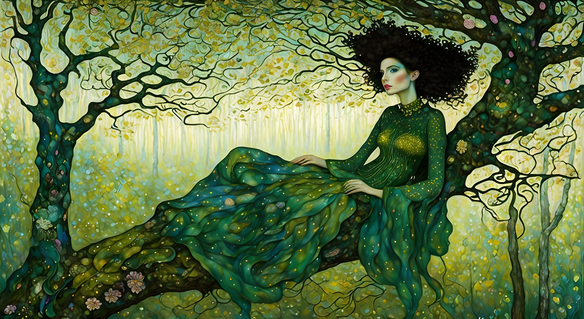 Illustrated woman with voluminous dark hair blending with whimsical tree in verdant, floral setting.