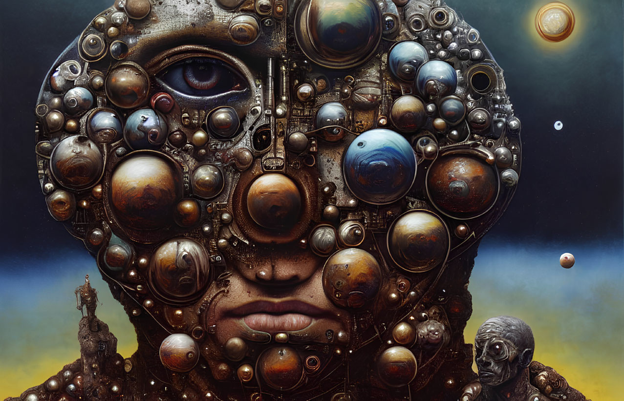 Surreal portrait with metallic spheres and planets on face against cosmic backdrop