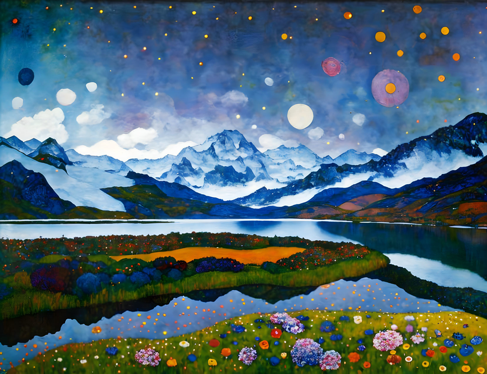 Colorful Mountain Landscape with Meadow, Lake, and Starry Sky