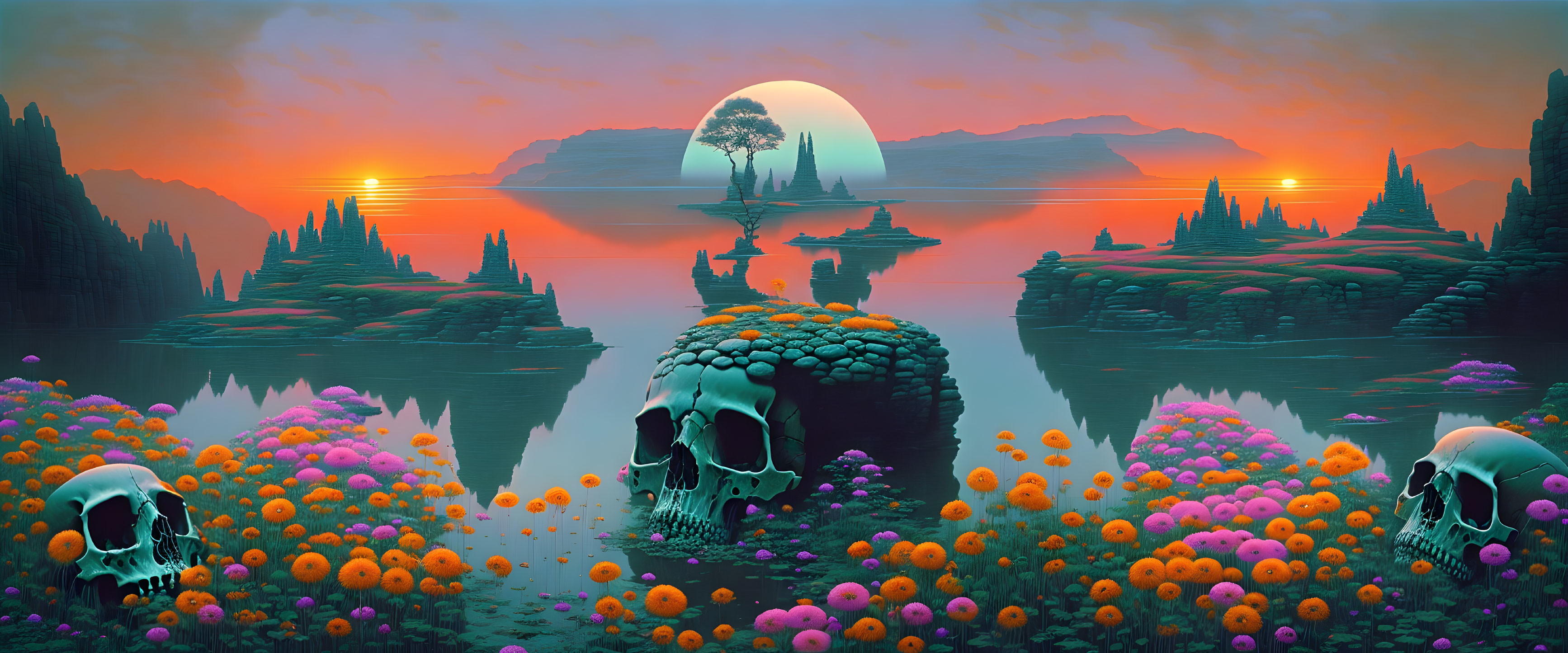 Surreal landscape with central path, tree on water, cliffs, flowers, and skulls under sunset