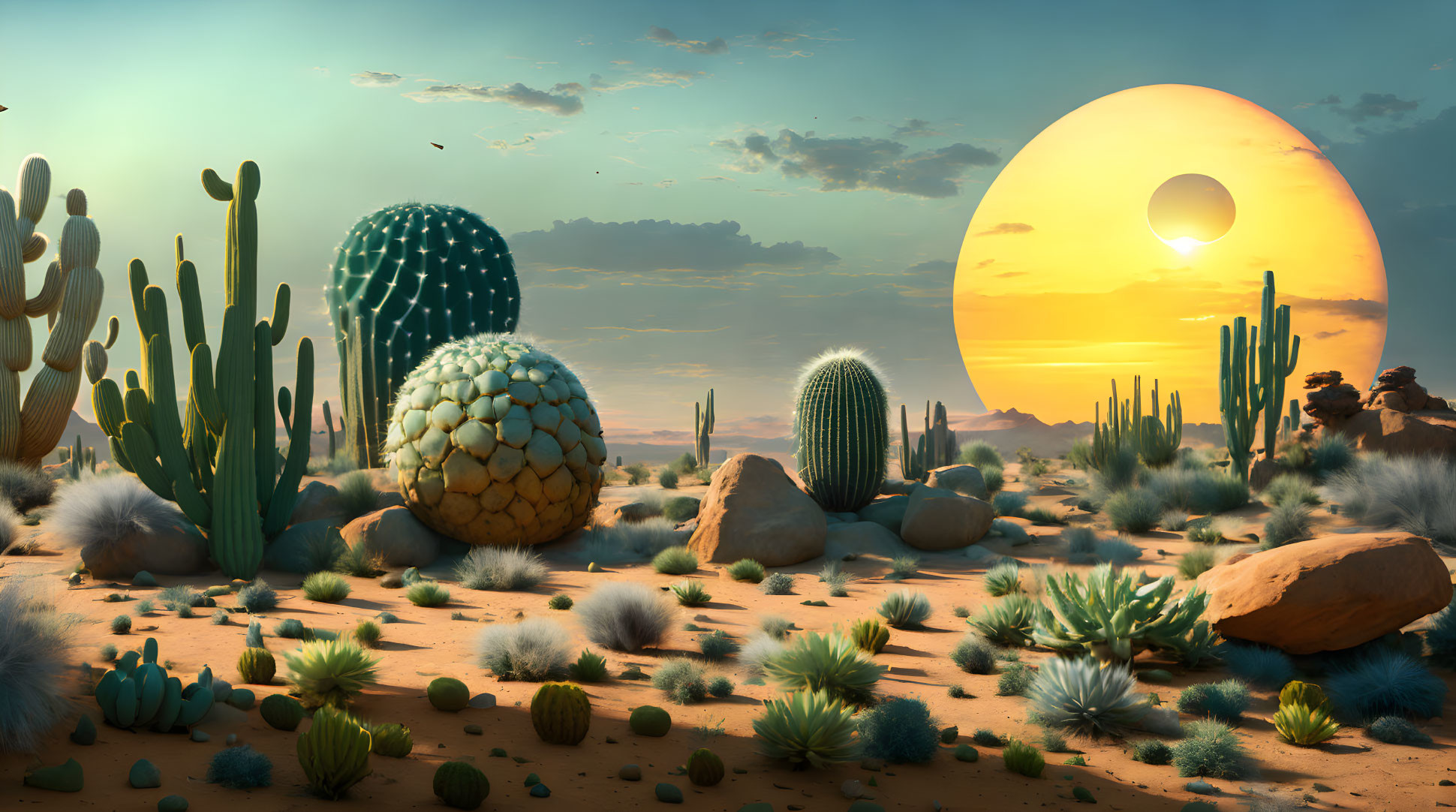 Surreal desert landscape with cacti, rocky terrain, and oversized setting sun