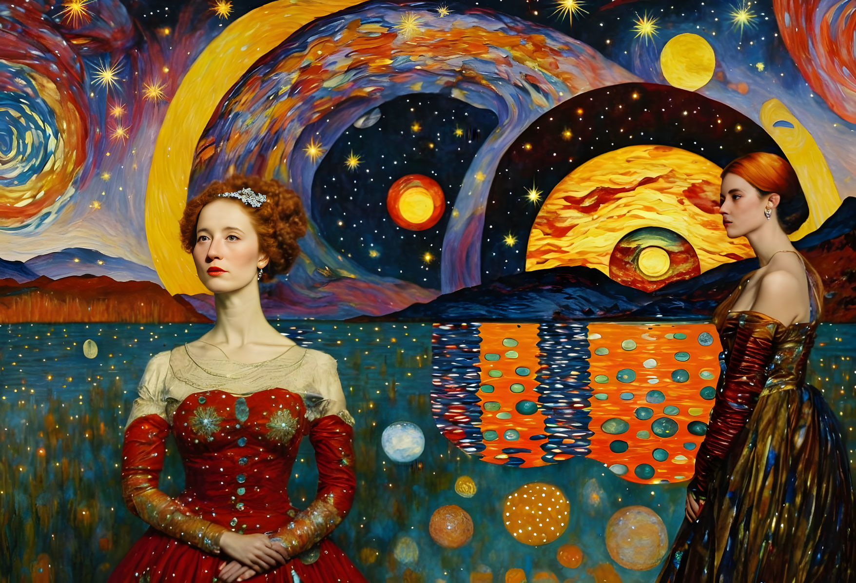 Women in Renaissance dresses against Van Gogh's "Starry Night" and "The Great Wave