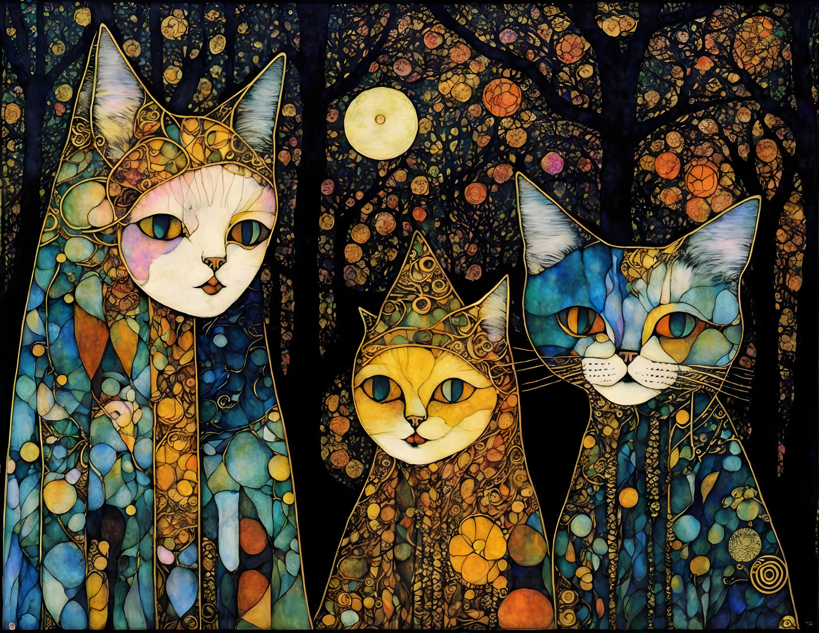 Stylized cats with human-like eyes on mosaic night backdrop