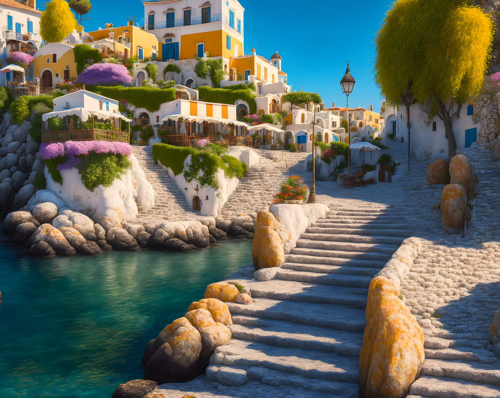 Colorful seaside village with cobblestone paths and blue waters