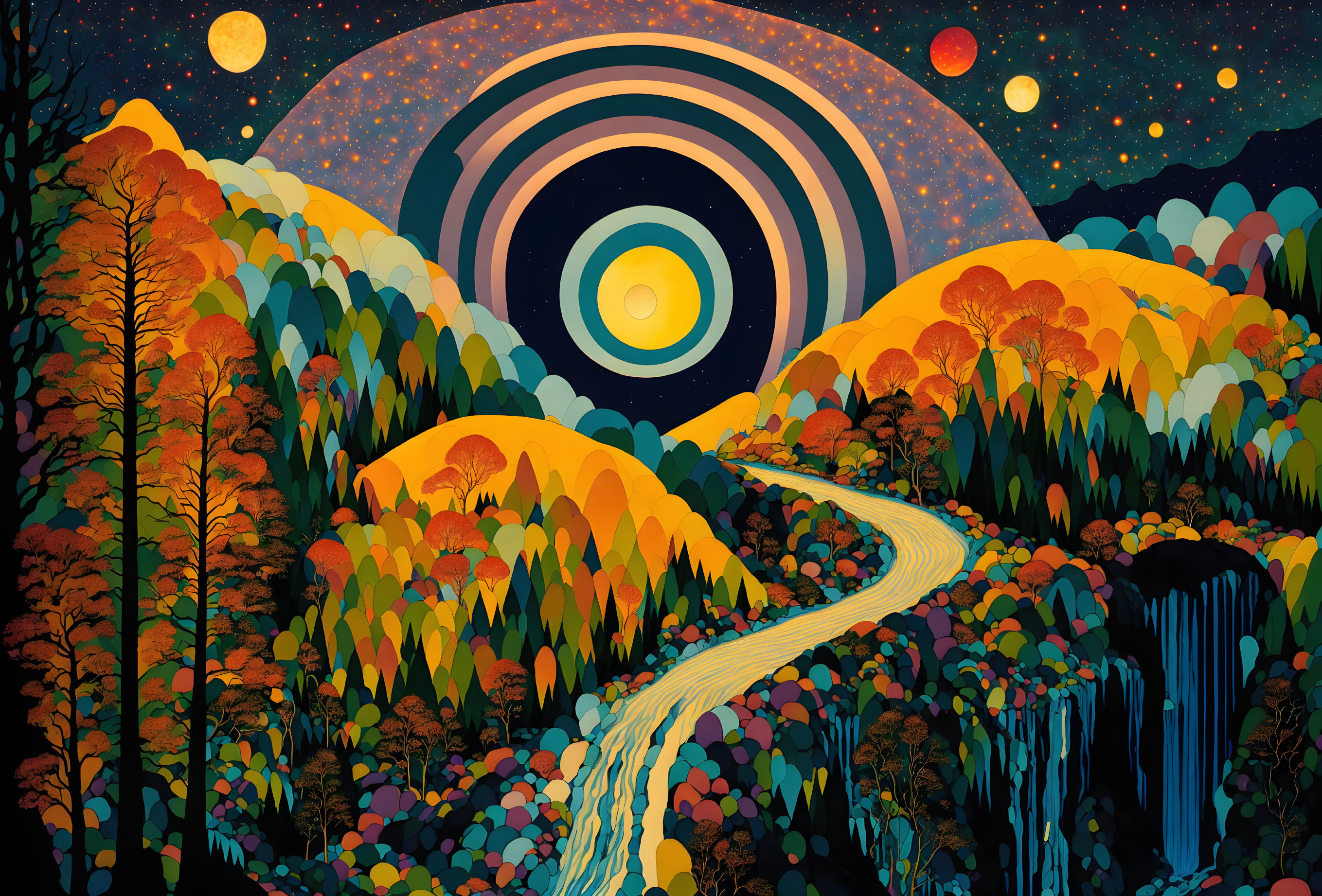 Colorful Autumn Landscape with Path, Waterfalls, and Celestial Sky