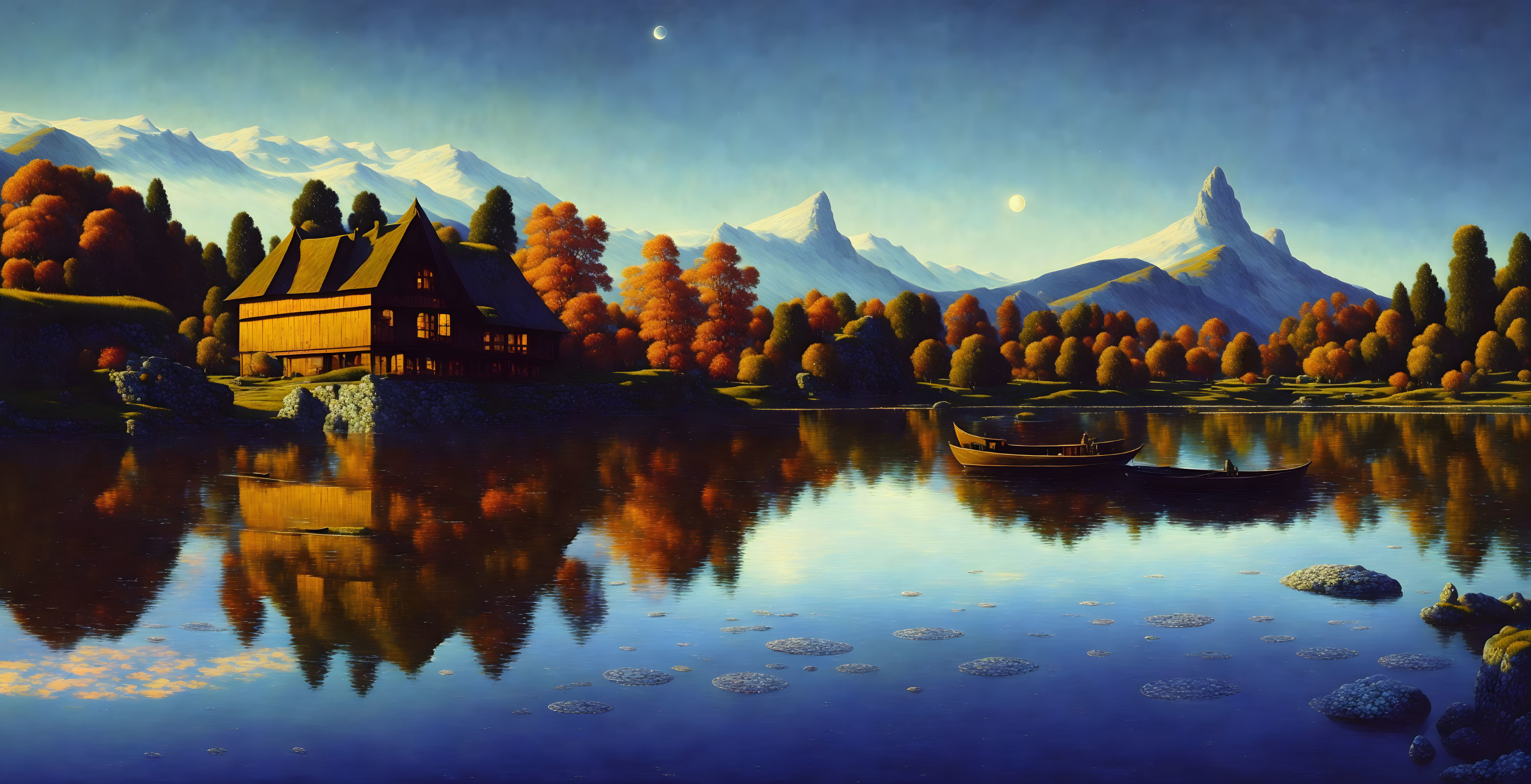 Tranquil lake with house, autumn trees, mountains, and moonlit sky