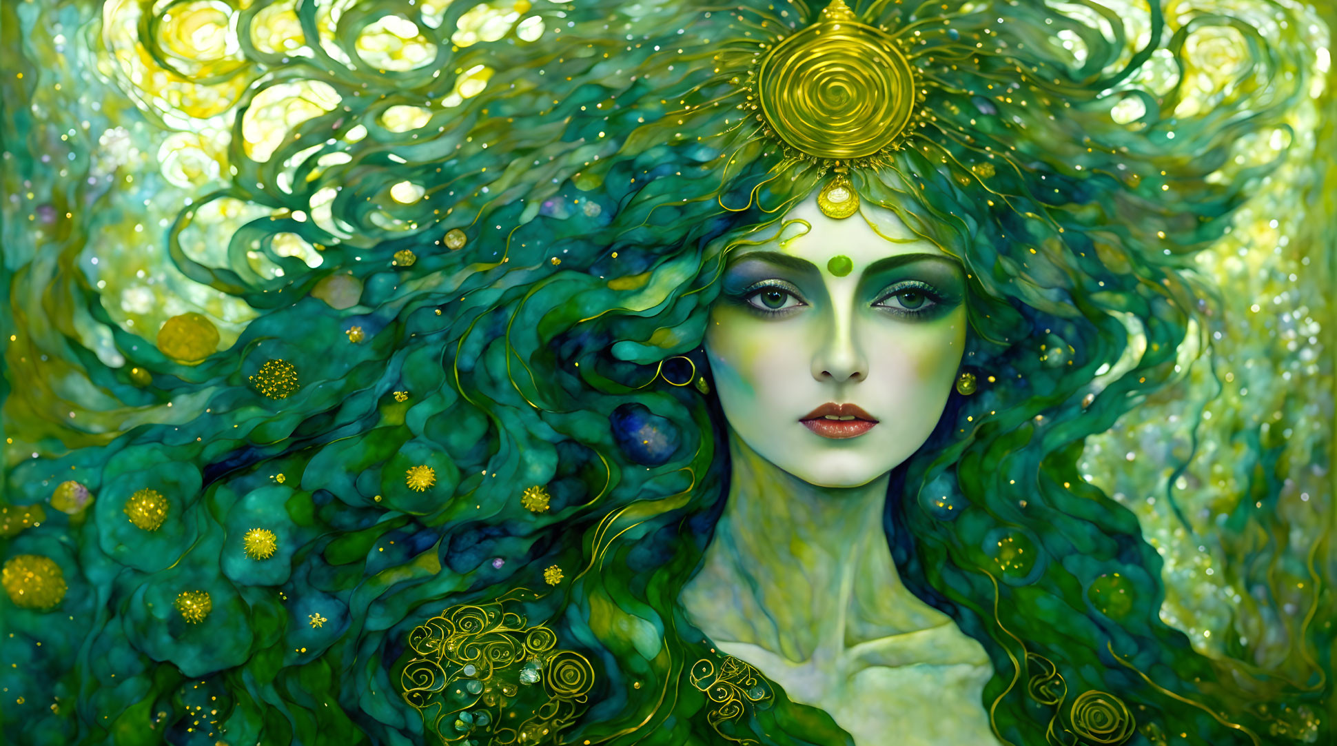 Detailed illustration: Woman with green hair and gold accents in vibrant abstract setting