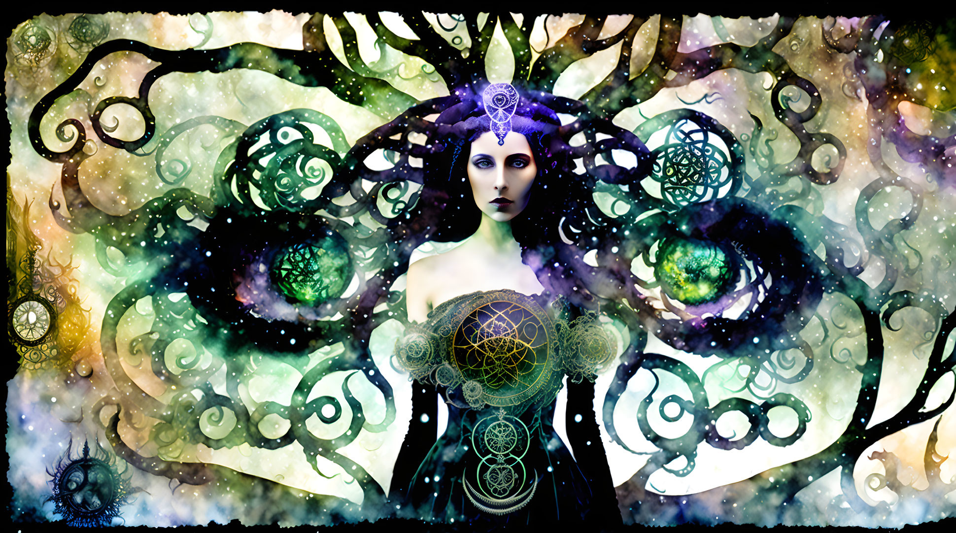 Dark-haired mystical woman surrounded by cosmic designs and astronomical symbols on a celestial backdrop