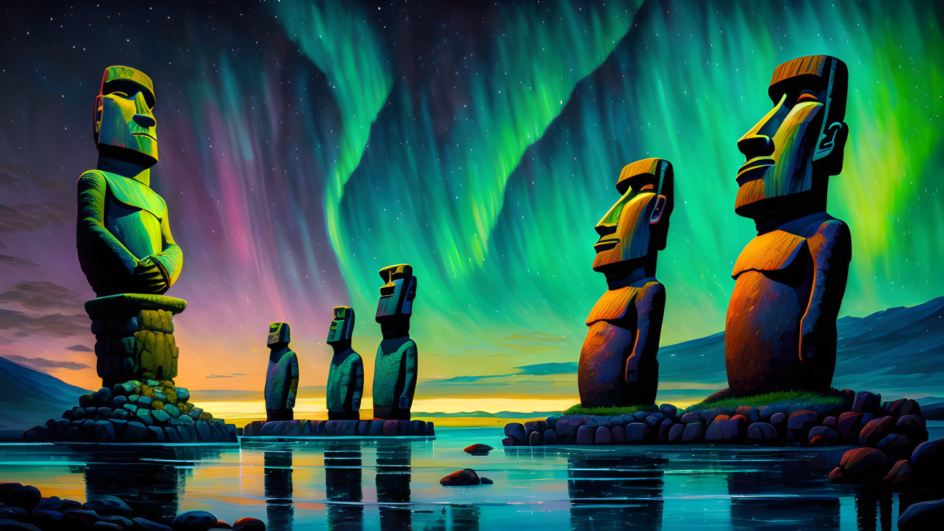 Easter Island Moai statues with aurora borealis and twilight reflection