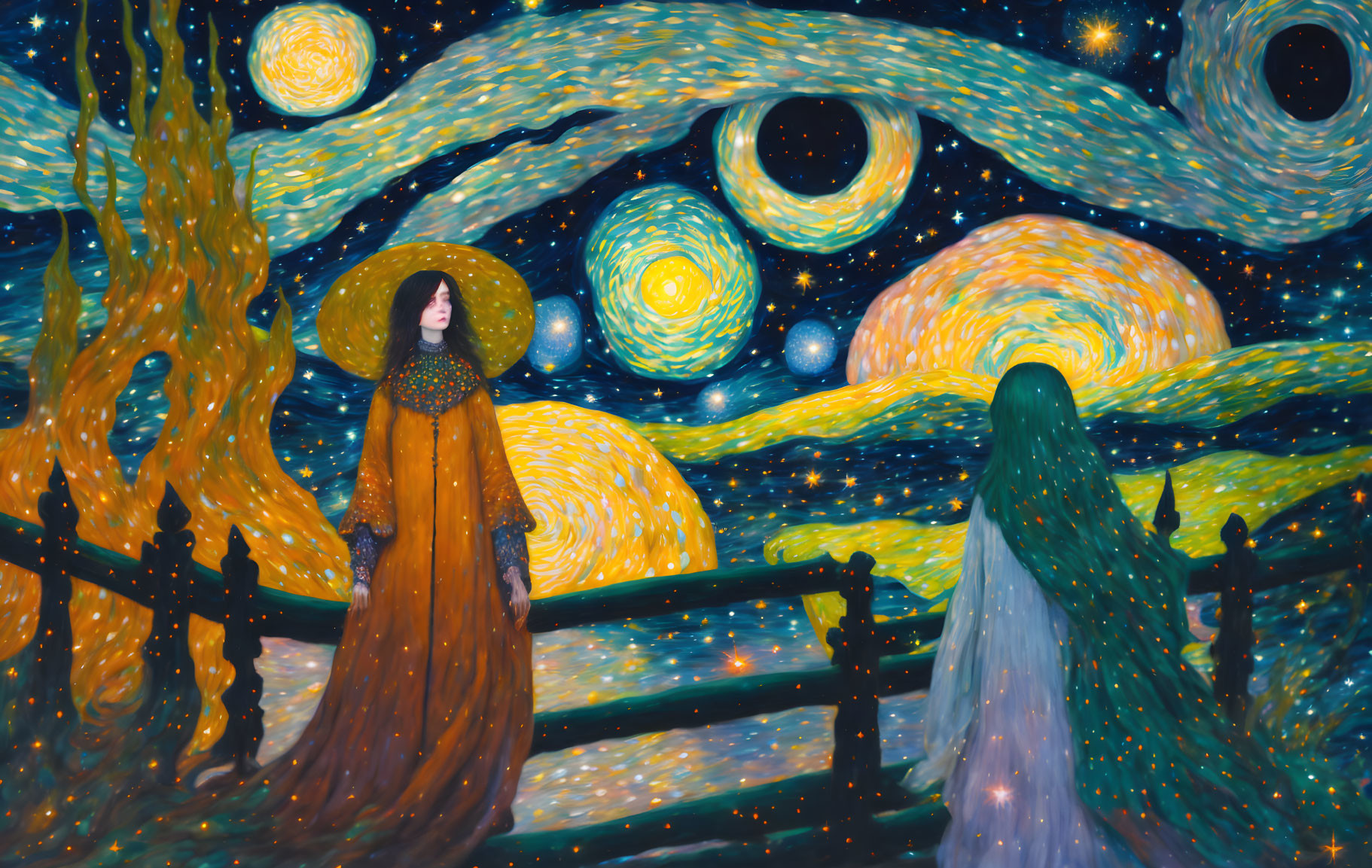 Two robed figures under a star-swirled sky in vibrant colors