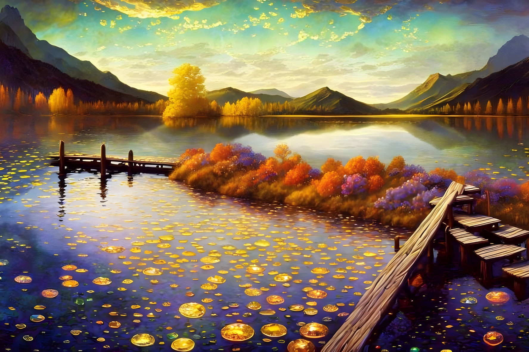 Scenic painting of calm lake with autumn foliage, wooden jetty, distant mountains, and golden reflections