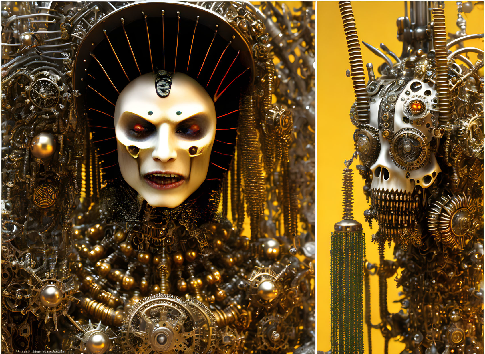 Split image of humanoid mechanical sculpture with gears on yellow backdrop