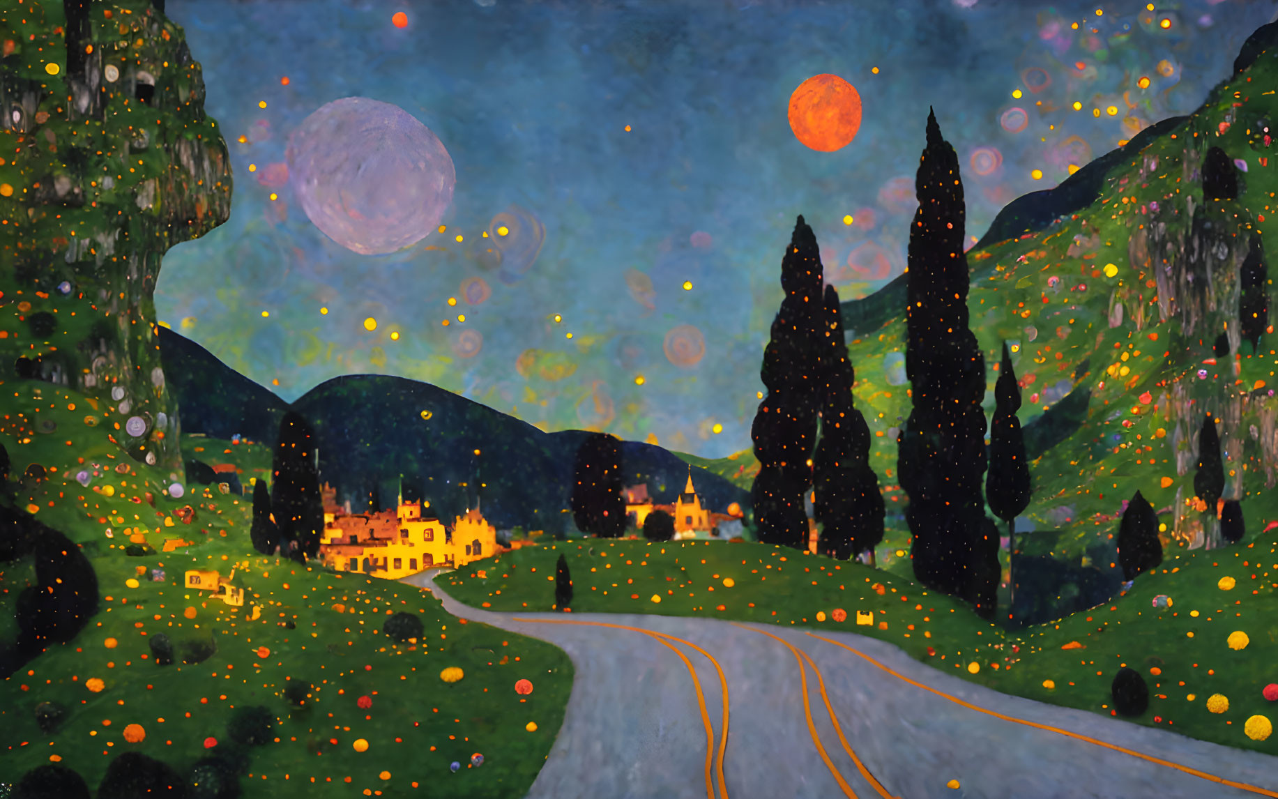 Stylized nocturnal landscape with cypress trees and two moons