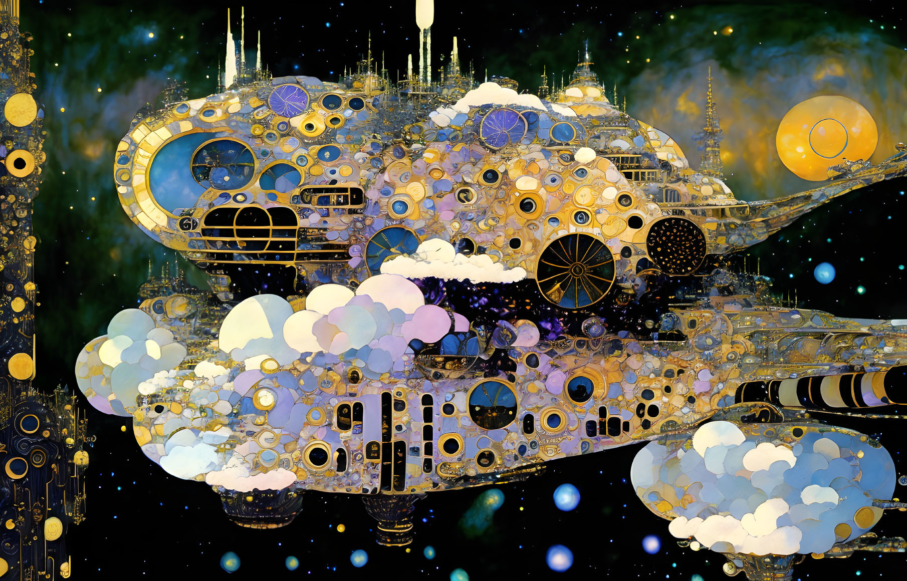 Intricate golden-patterned spaceship in starry cosmos