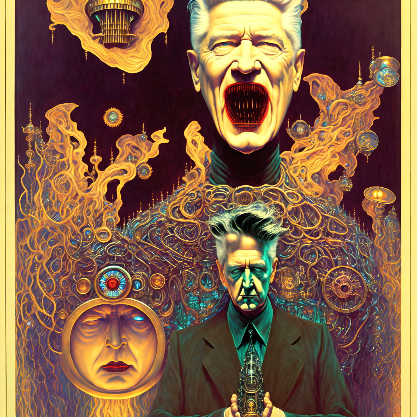 Surreal artwork: Two men, one screaming, one calm, with golden patterns.