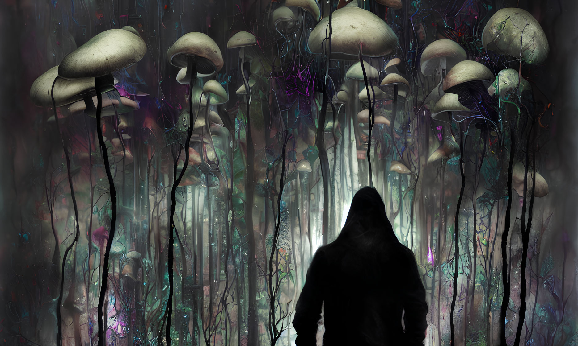 Mystical forest scene with hooded figure and oversized mushrooms