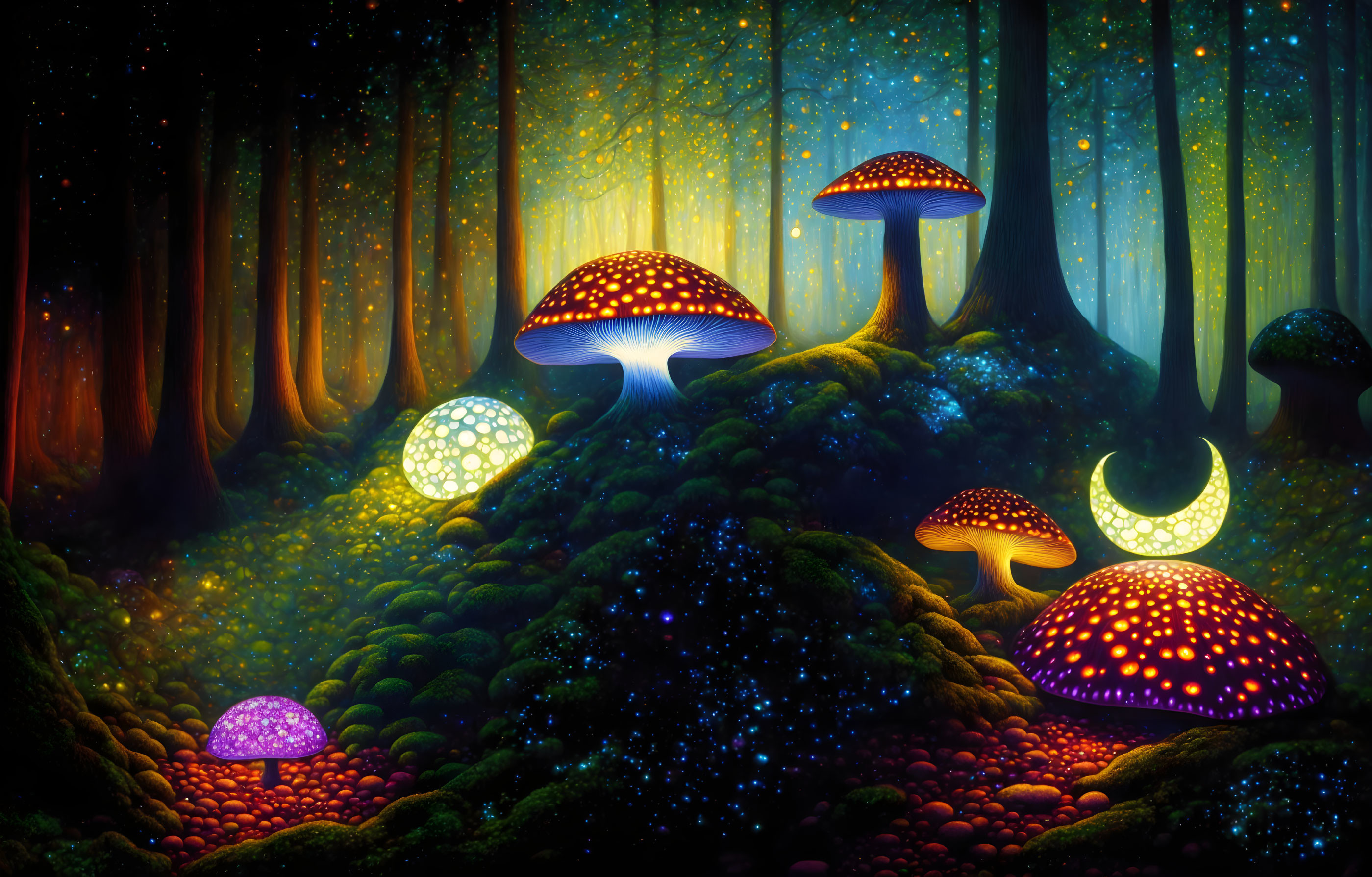 Glowing Mushroom Forest at Night with Radiant Trees