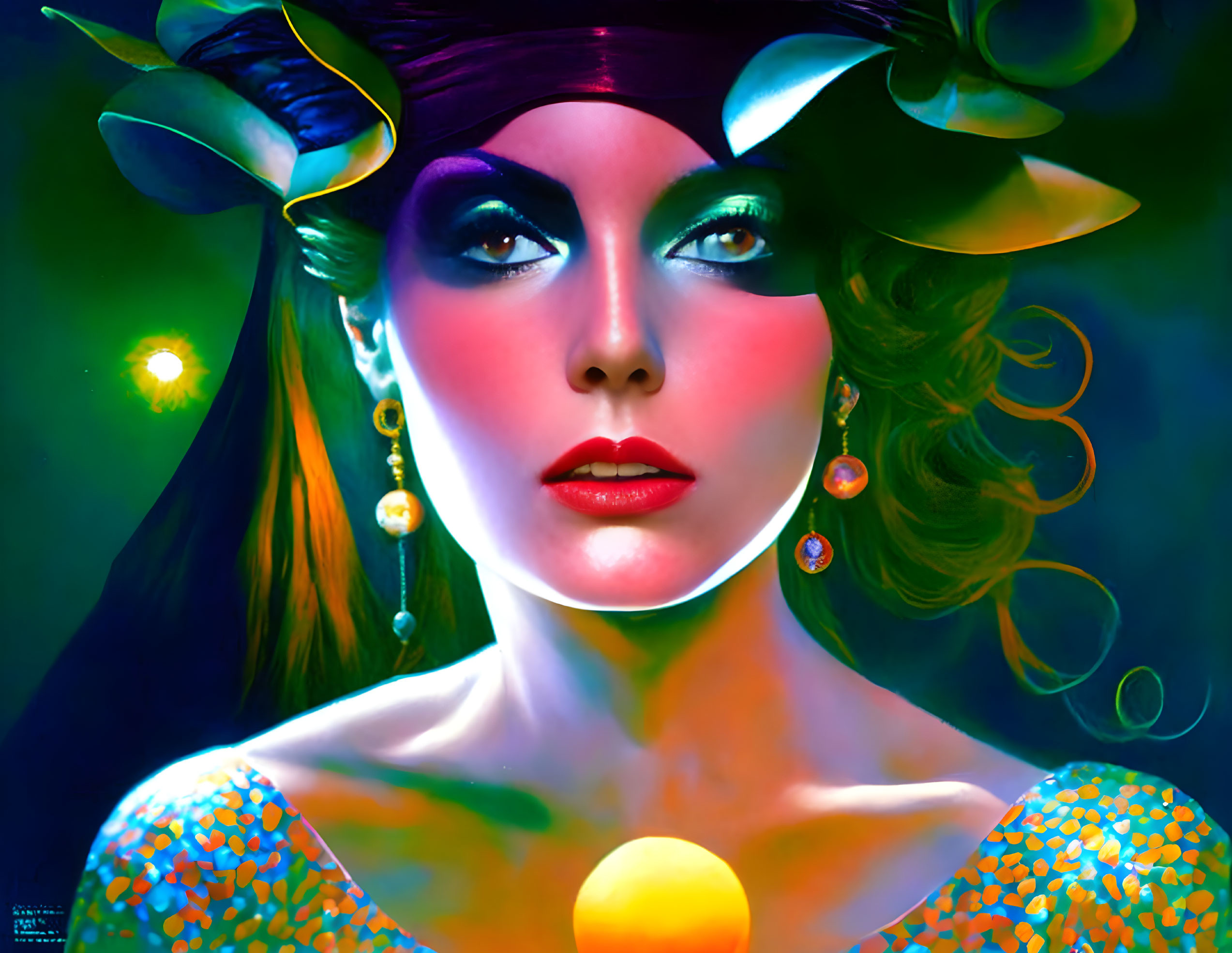 Colorful portrait of a woman in striking makeup and attire under surreal lighting