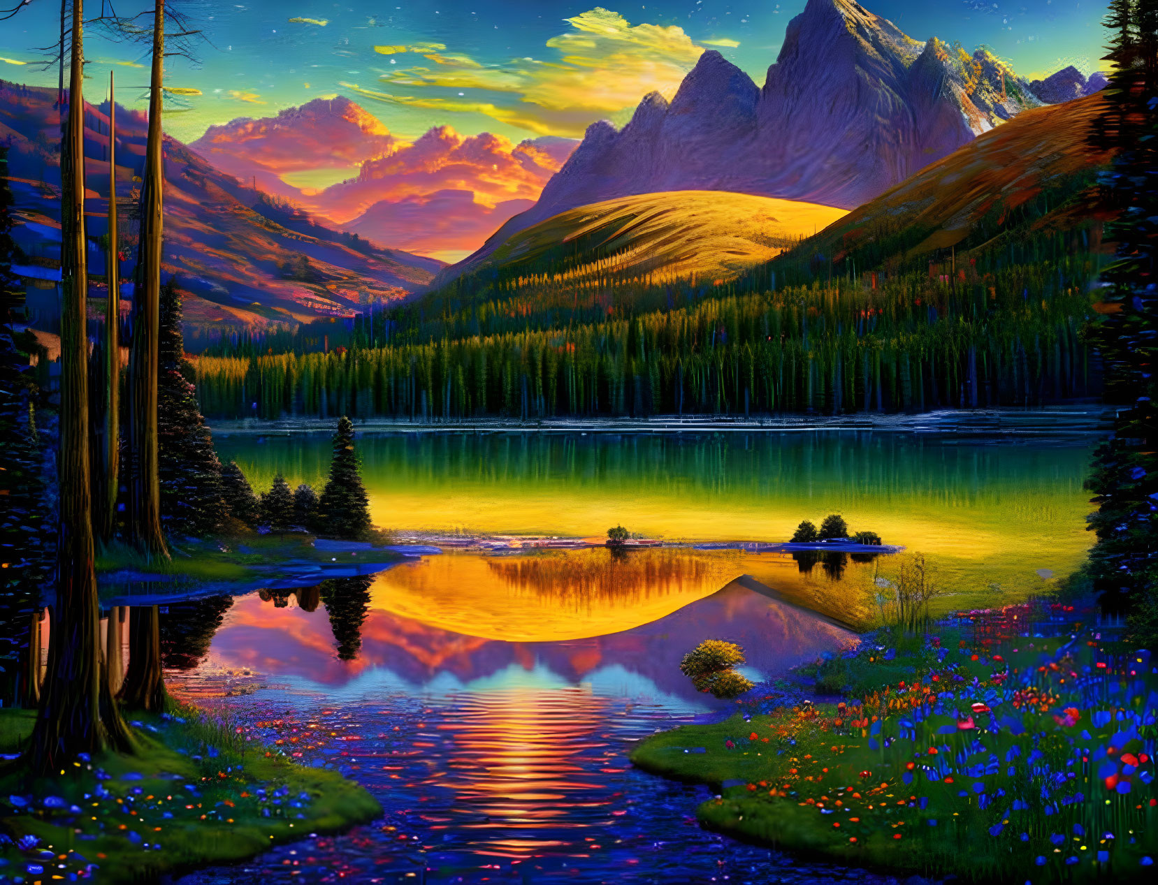 Scenic landscape: reflective lake, wildflowers, pine trees, mountains, sunset sky