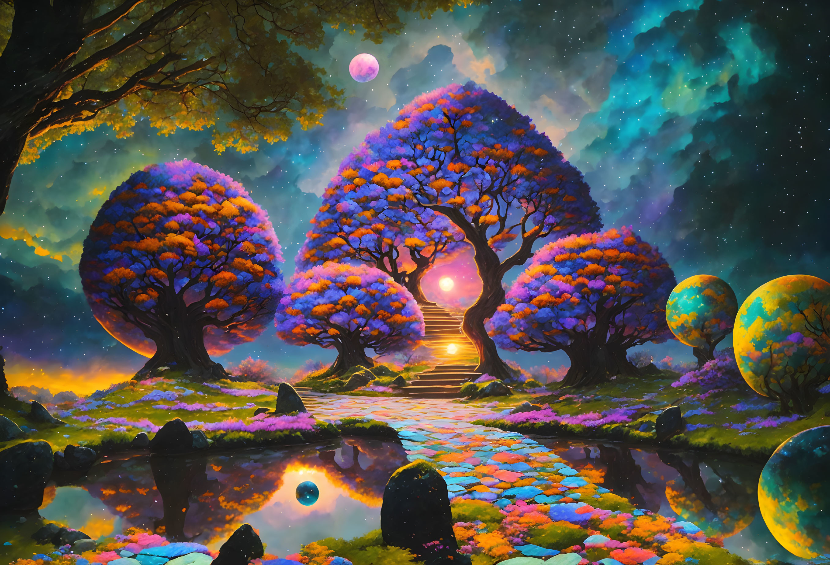 Luminescent Trees and Glowing Flora in Fantasy Landscape