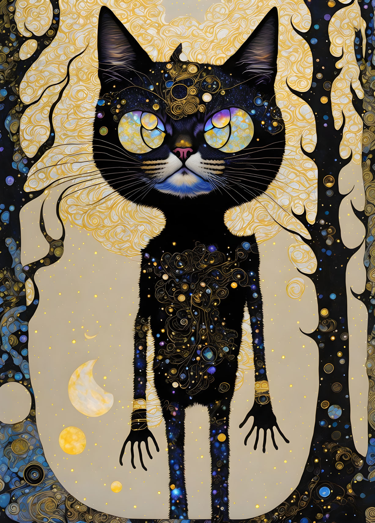 Detailed black cat artwork with cosmic patterns and gold elements on a night sky backdrop