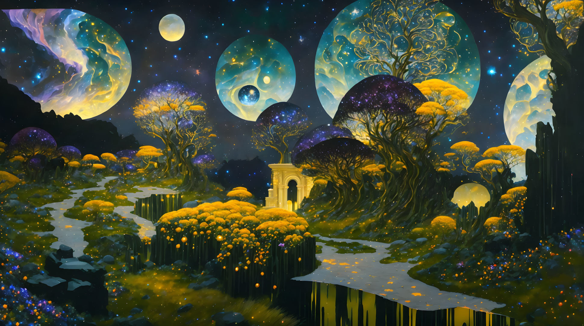 Surreal landscape with oversized moons, glowing flora, and lush scenery