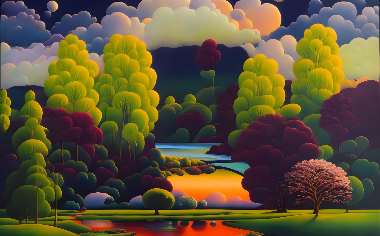 Surreal landscape painting with vibrant trees, reflective river, and colorful sky