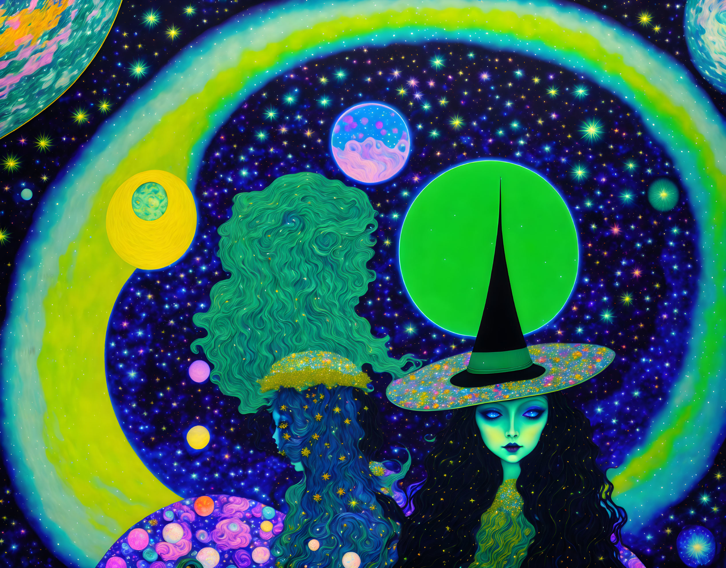 Colorful cosmic illustration of blue-skinned female figure with green witch hat among planets and stars