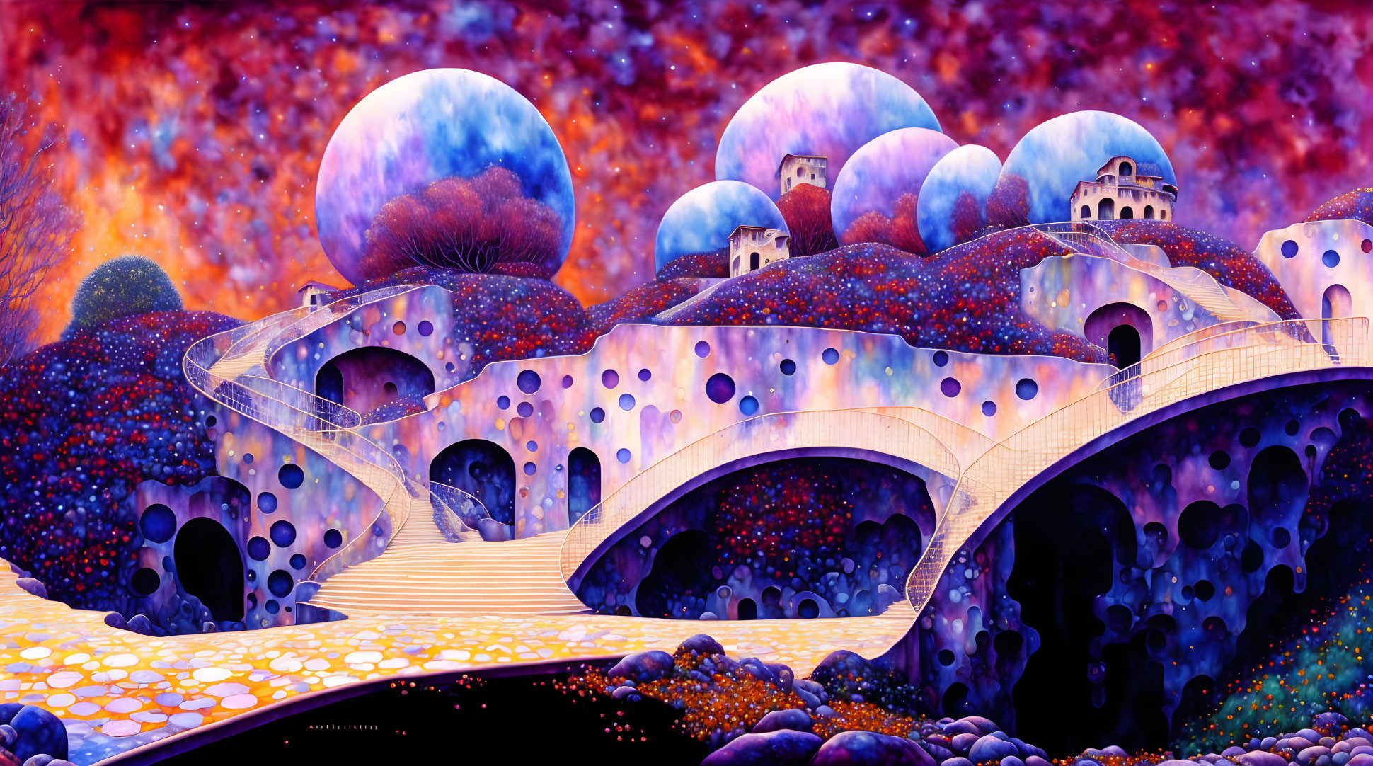 Colorful cosmic landscape with spherical structures and bridges