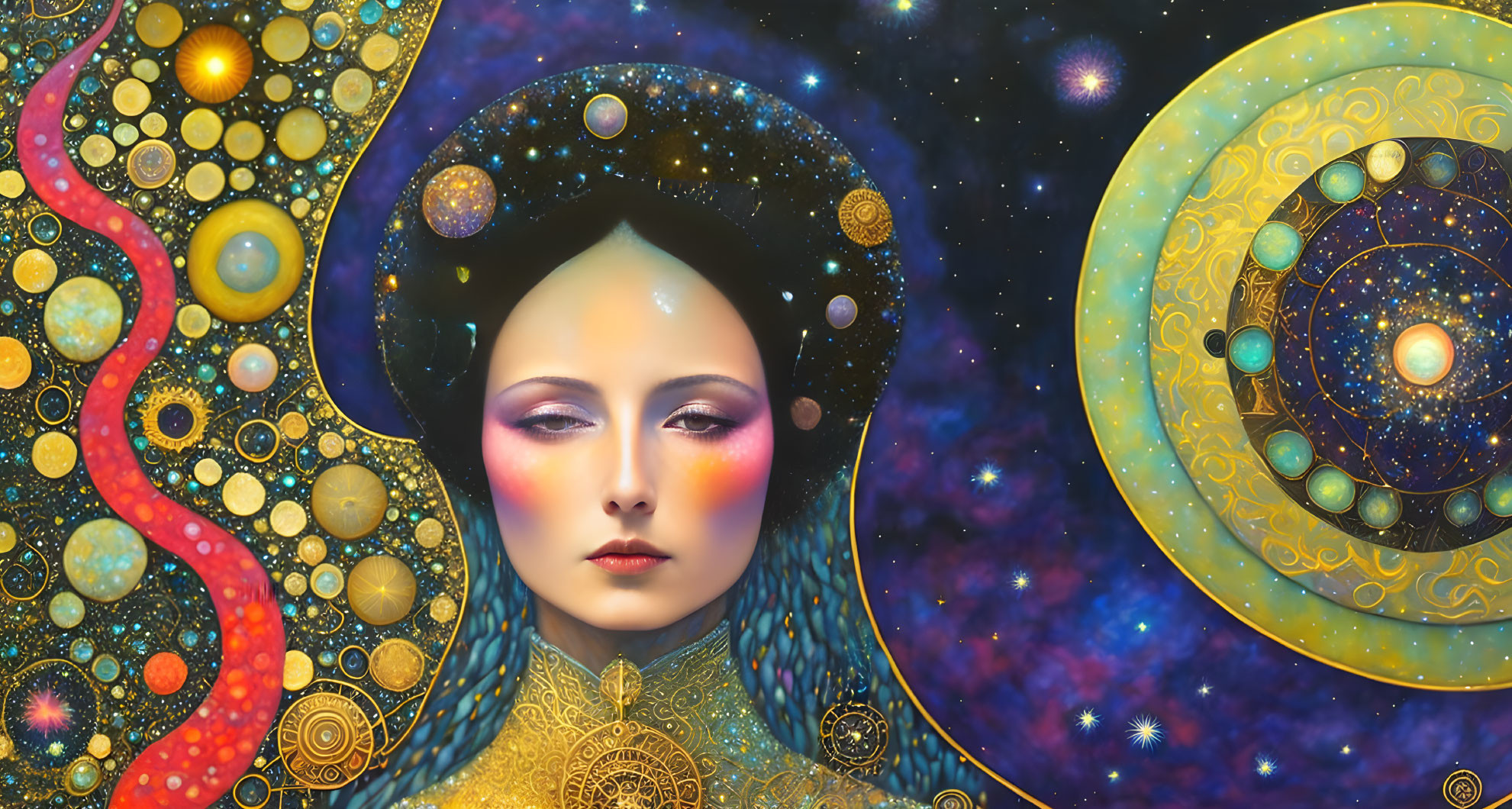 Colorful cosmic woman's face surrounded by celestial patterns