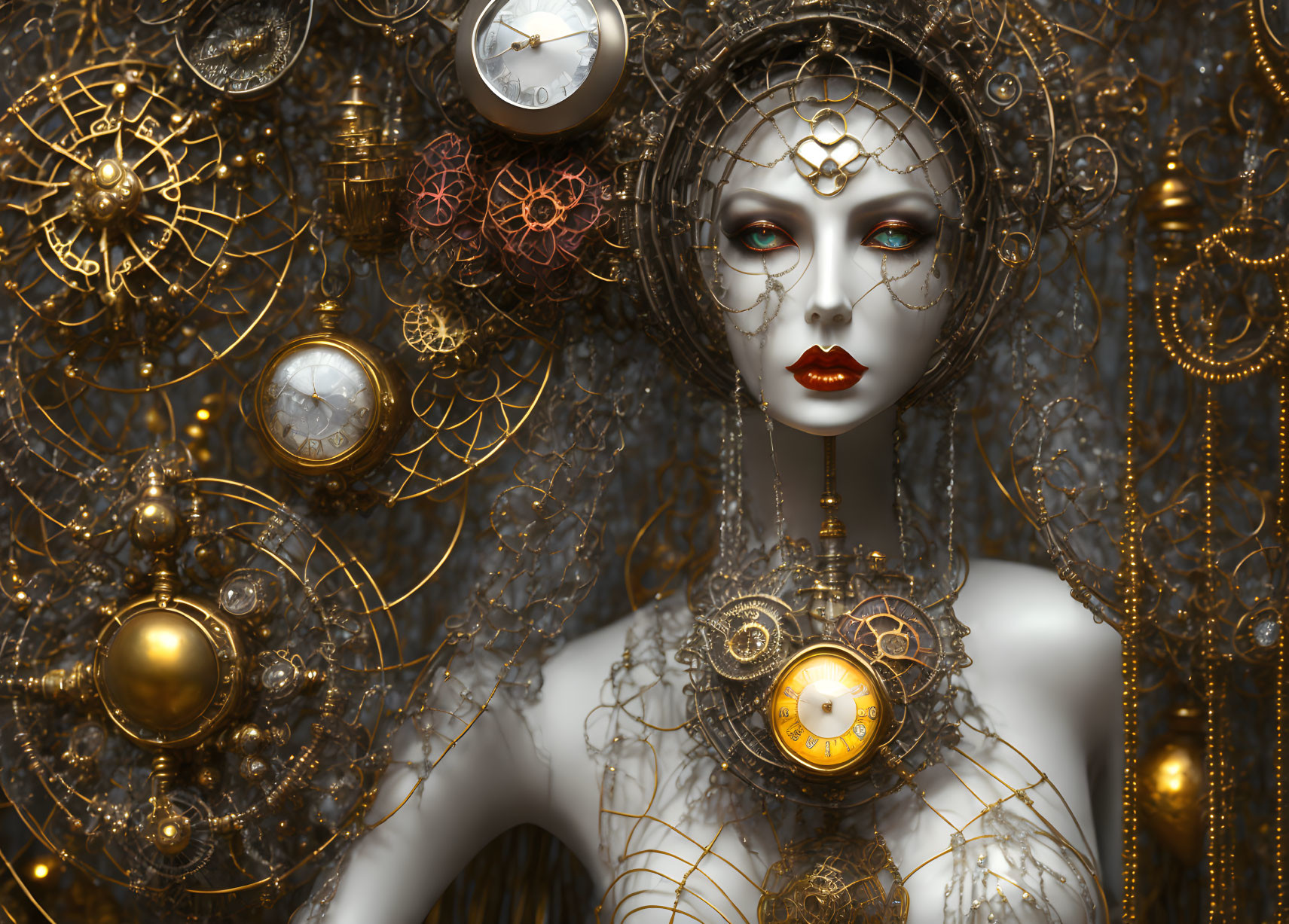 Steampunk-themed female figure with clockwork elements on golden backdrop