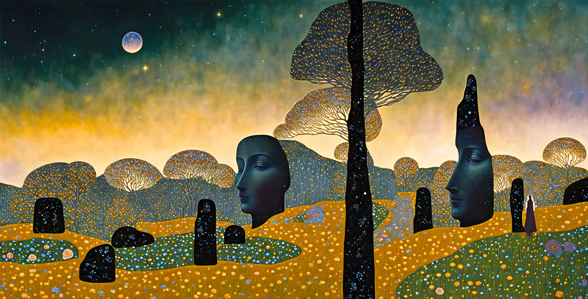 Surreal landscape with human-like faces in rolling hills under starry sky