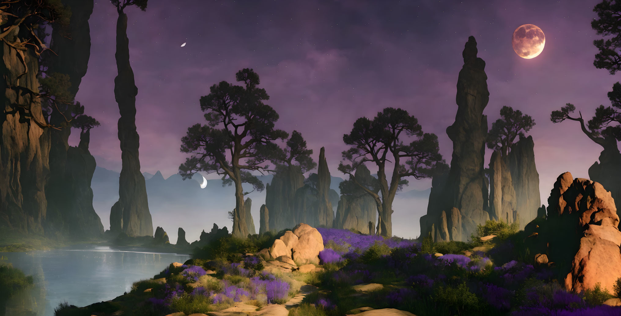 Fantasy landscape with towering trees, pond, and moons.