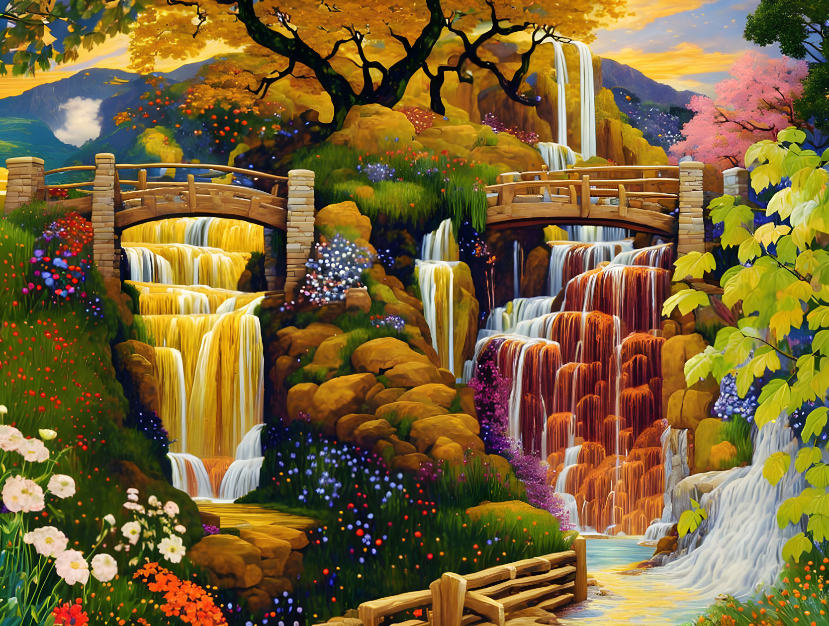 Colorful autumn waterfall painting with wooden bridges & sunset sky
