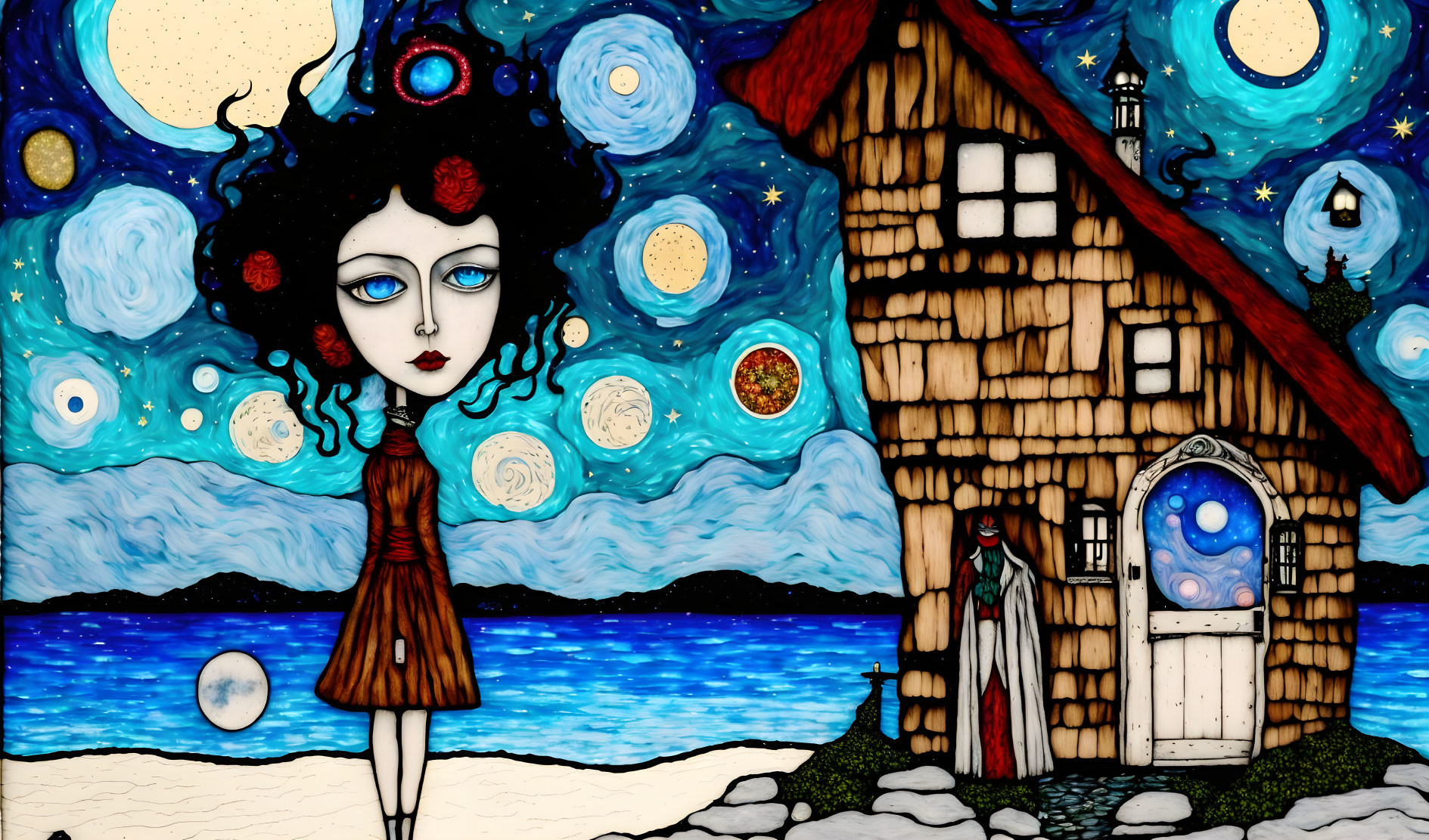 Surreal artwork: large-eyed girl, starry sky, quaint house.