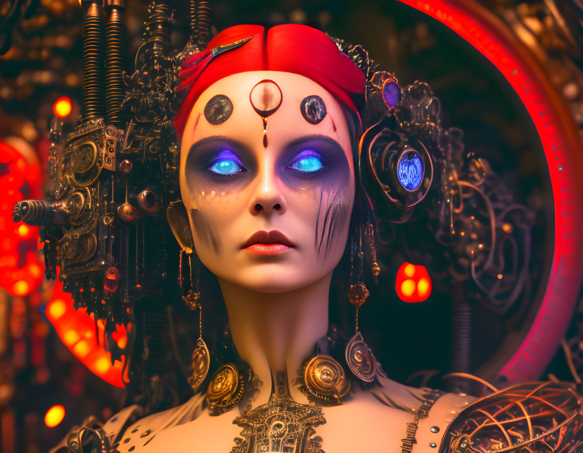 Futuristic sci-fi female figure with makeup and headgear in mechanical setting