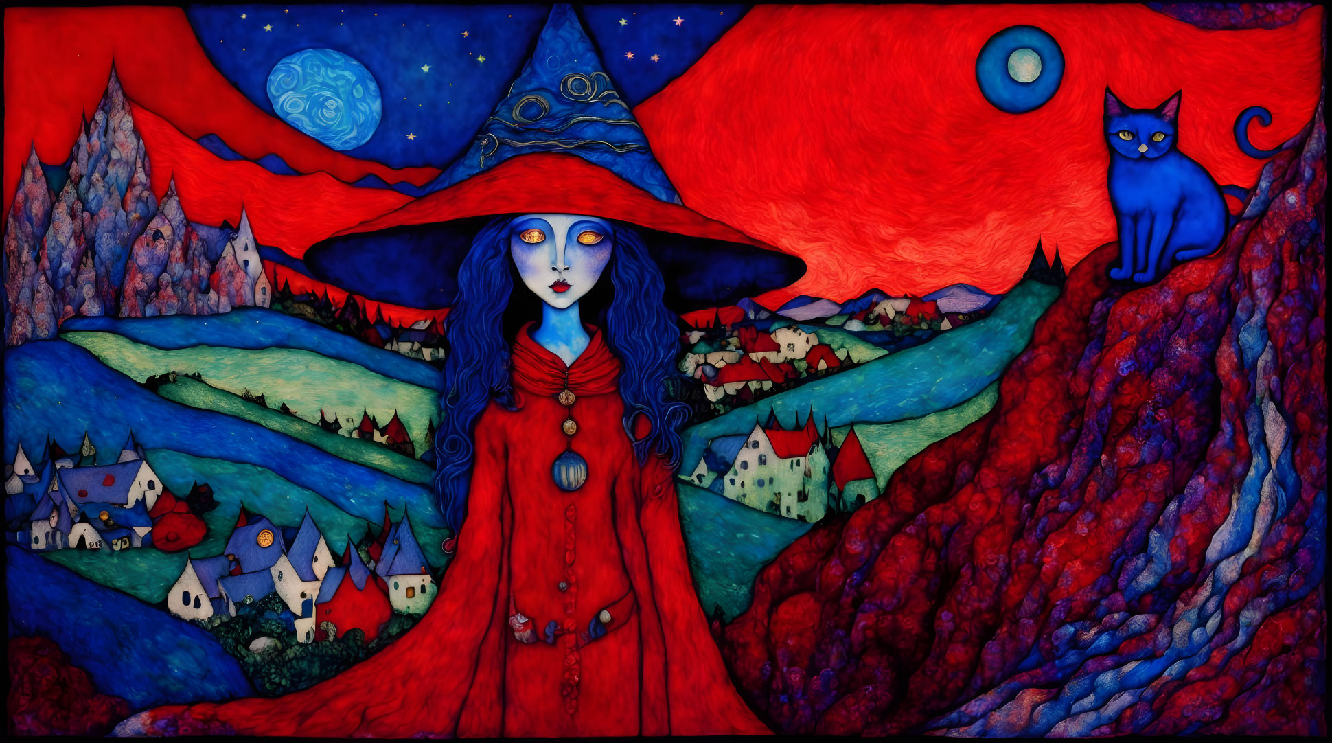 Blue-skinned witch with blue cat in red cloak in mountain village setting