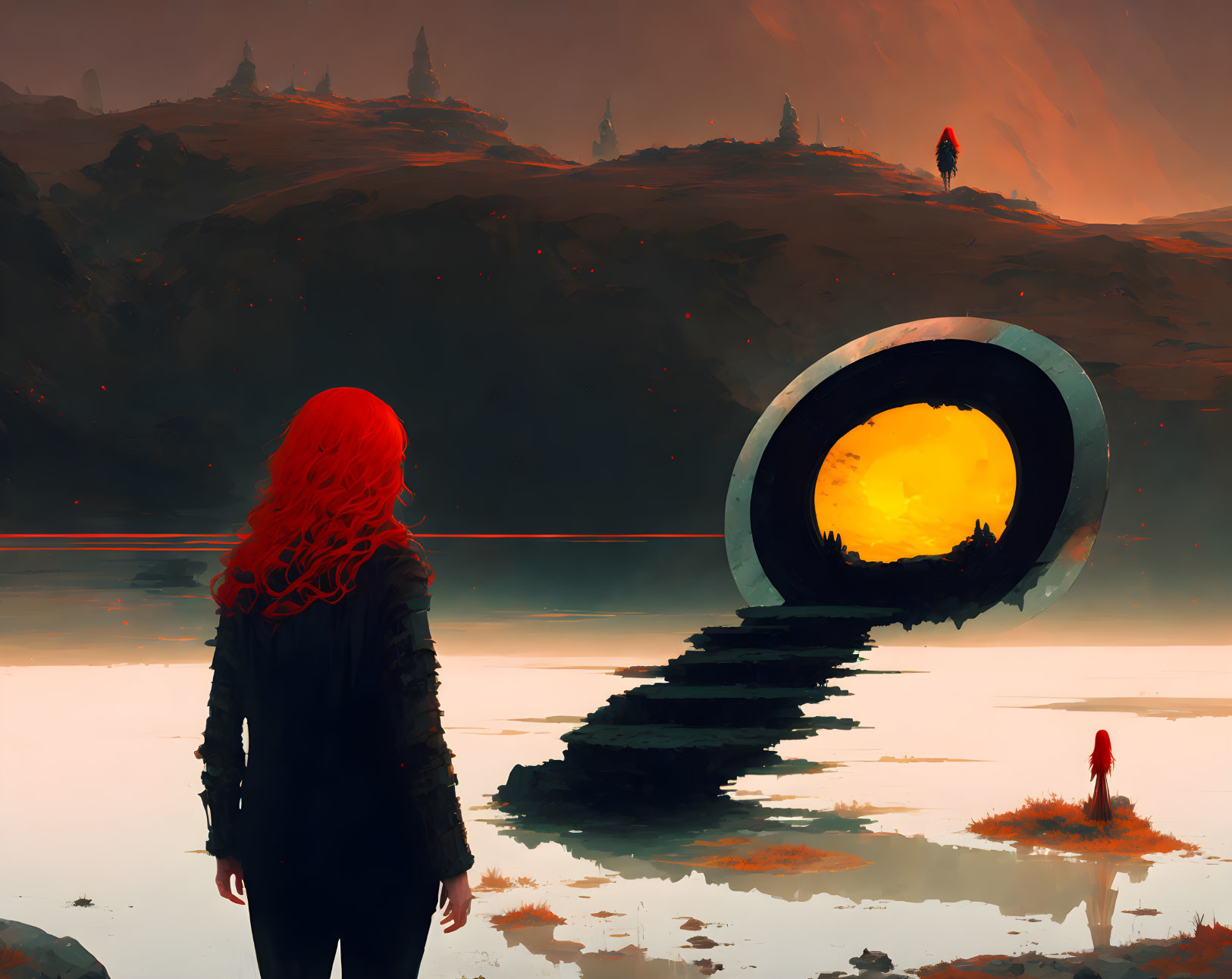 Red-haired person gazes at circular portal on staircase in surreal landscape.