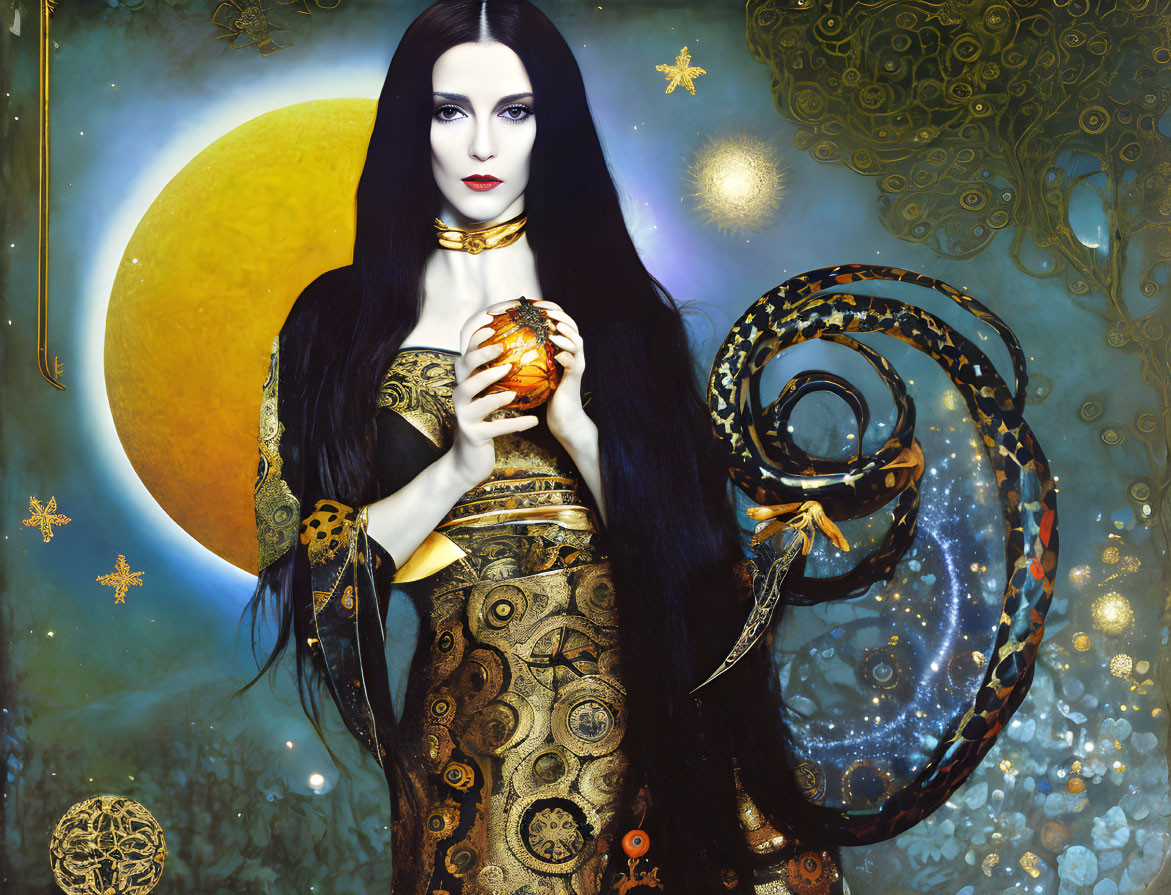 Mystical woman with black hair holding heart, serpent, moon, and stars