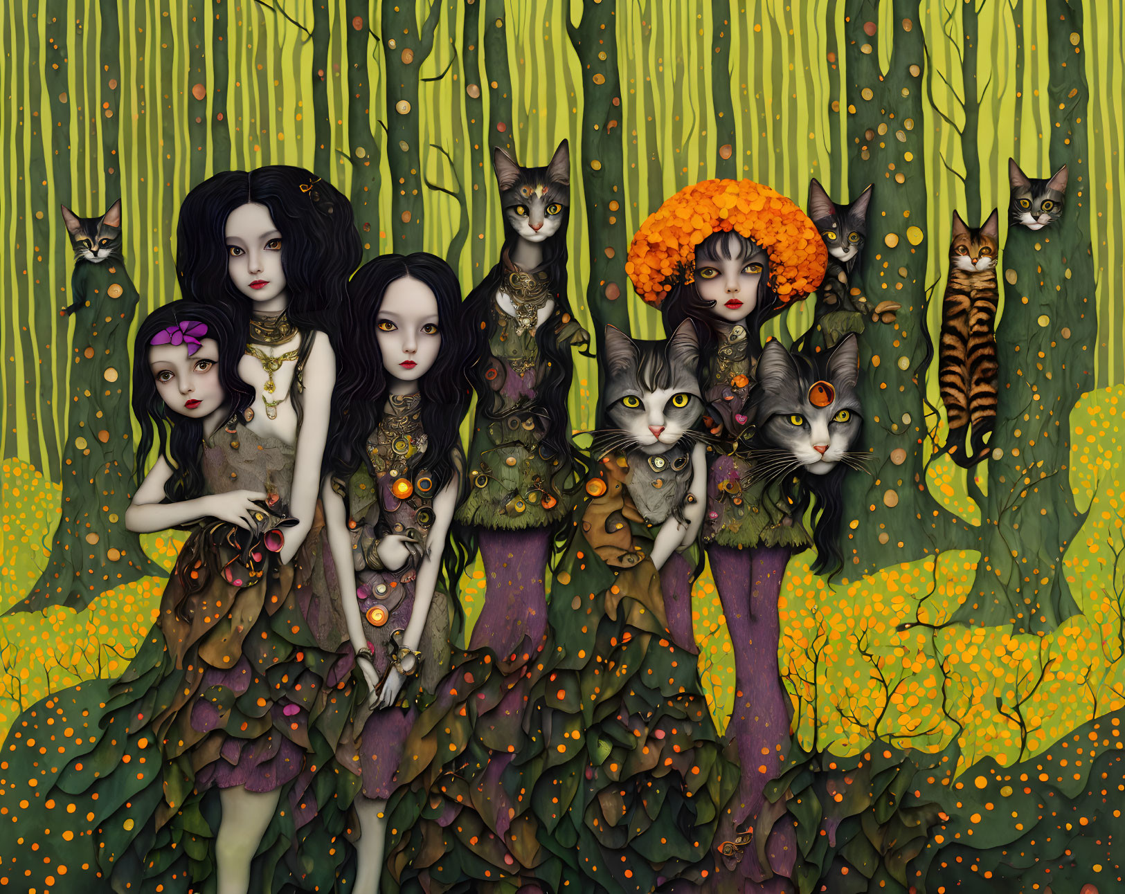 Stylized female figures with cats in greenery and yellow flowers