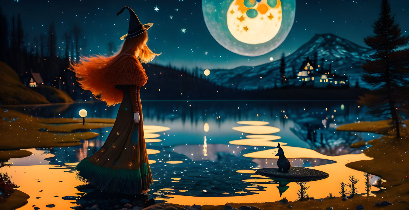 Woman in witch costume by lake with moons, orbs, and mountain landscape