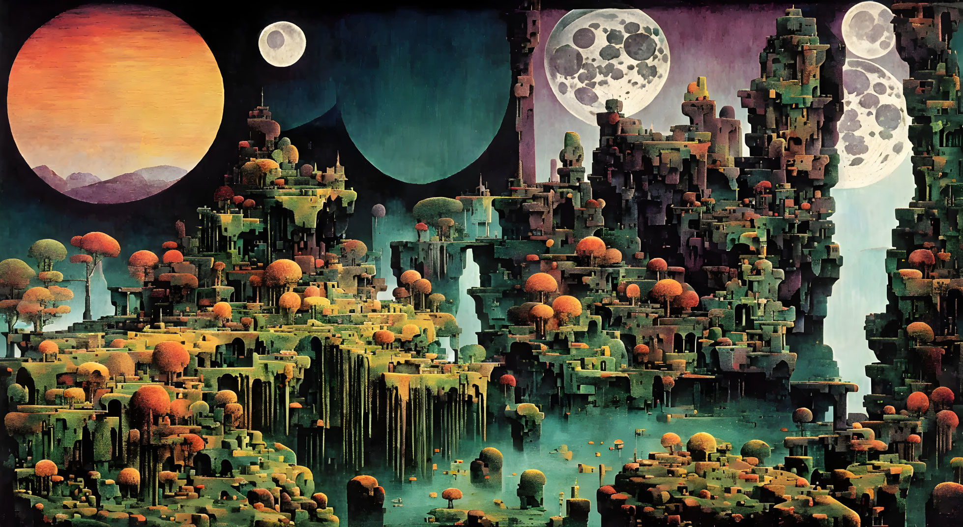 Surreal landscape with floating islands and multiple moons